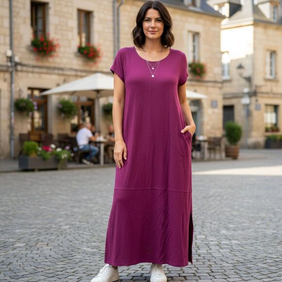 J. Jill Maxi Dress Rayon Spandex Pockets Short Sleeve Plum Purple Women sz L - Picture 1 of 10